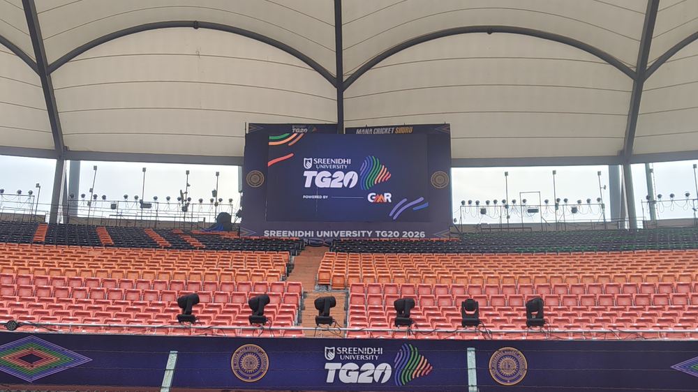LED display screen showing Sreenidhi University TG20 branding, powered by GMR