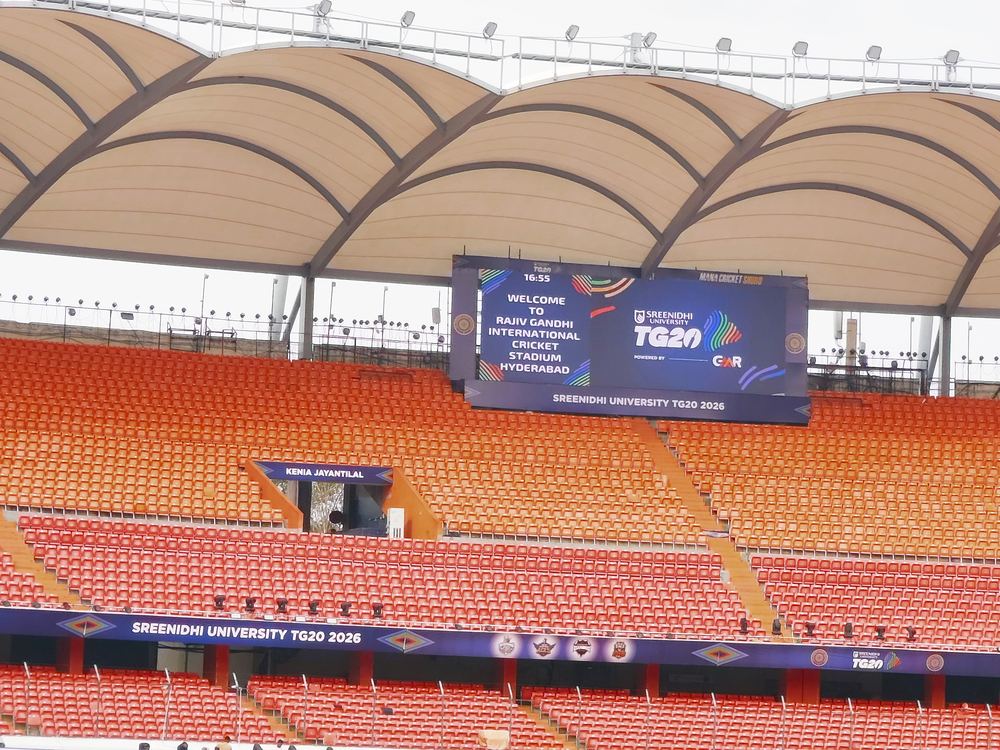 LED screen welcoming guests to Rajiv Gandhi International Cricket Stadium, Hyderabad