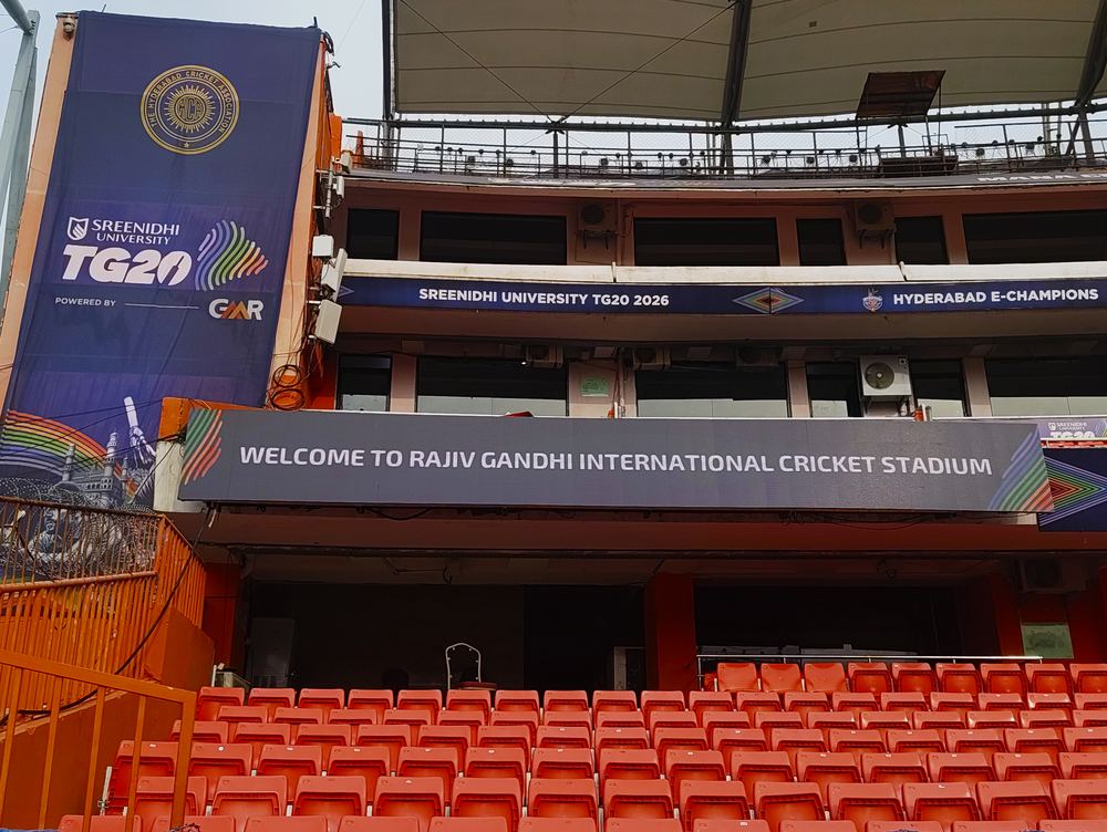 Exterior view of the stadium stand with LED fascia and welcome signage